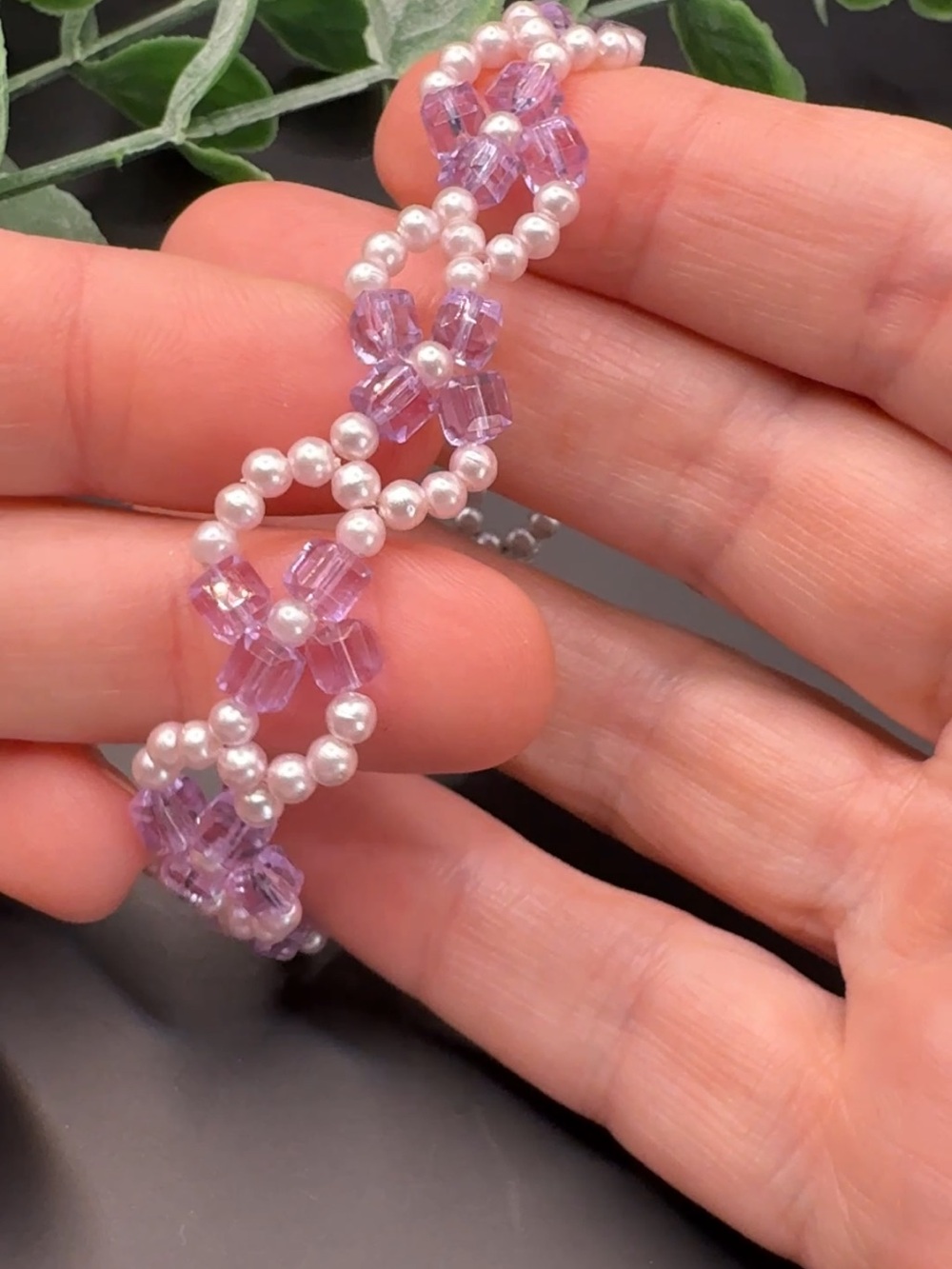Lilac Beaded Flower Bracelet with Pearl Accents - Women Jewelry